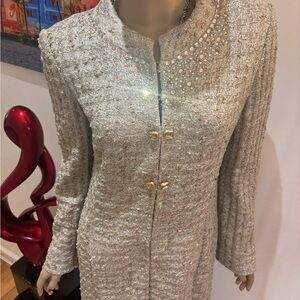 St. John Gold silver embellished Tweed Blazer M 8 top coat long Couture jacket